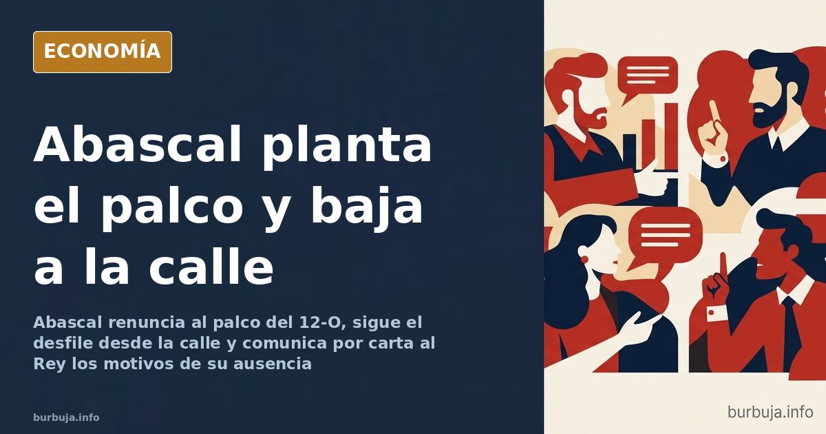 Ilustración editorial de una tribuna oficial vacía frente a una multitud en la calle durante el desfile del 12 de octubre