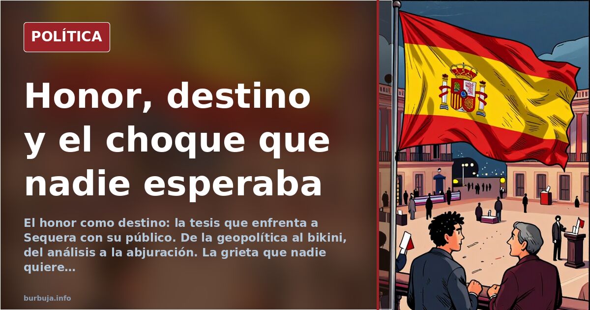 Ilustración editorial simbólica sobre el honor como destino con atril, banderas y figuras caricaturizadas en tonos rojos y az