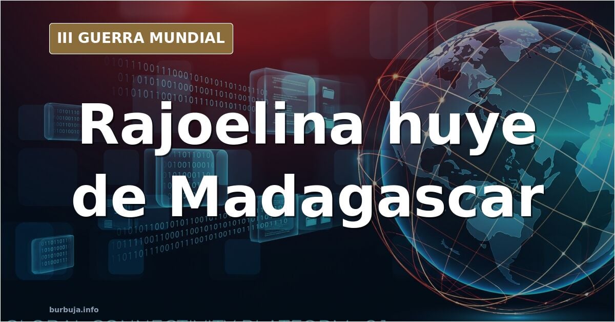 Silueta de un presidente huyendo hacia una embajada europea mientras militares y manifestantes celebran en las calles de Mada
