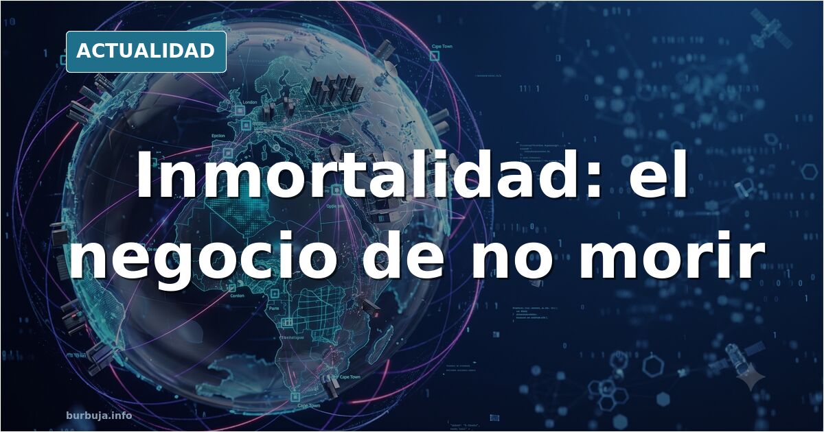Ilustración editorial sobre inmortalidad humana: frascos de laboratorio y una silueta frente a una línea temporal infinita