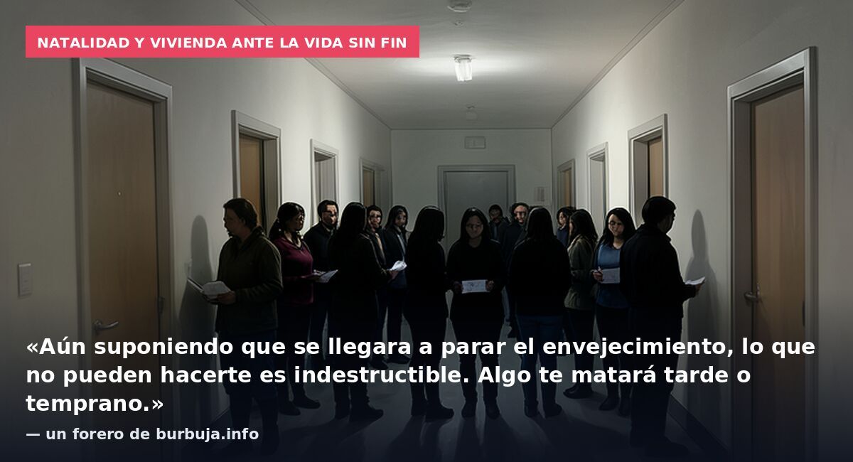 Natalidad y vivienda ante la vida sin fin: «Aún suponiendo que se llegara a parar el envejecimiento, lo que no pueden hacerte es indestructible. Algo te matará tarde o temprano.» — un forero de burbuja.info