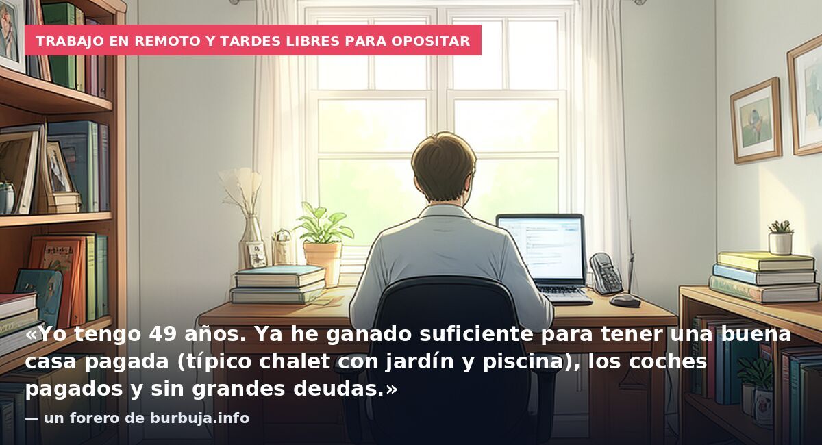 Trabajo en remoto y tardes libres para opositar: «Yo tengo 49 años. Ya he ganado suficiente para tener una buena casa pagada (típico chalet con jardín y piscina), los coches pagados y sin grandes deudas.» — un forero de burbuja.info