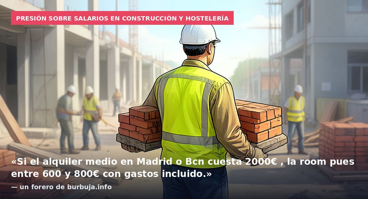 Presión sobre salarios en construcción y hostelería: «Si el alquiler medio en Madrid o Bcn cuesta 2000€ , la room pues entre 600 y 800€ con gastos incluido.» — un forero de burbuja.info