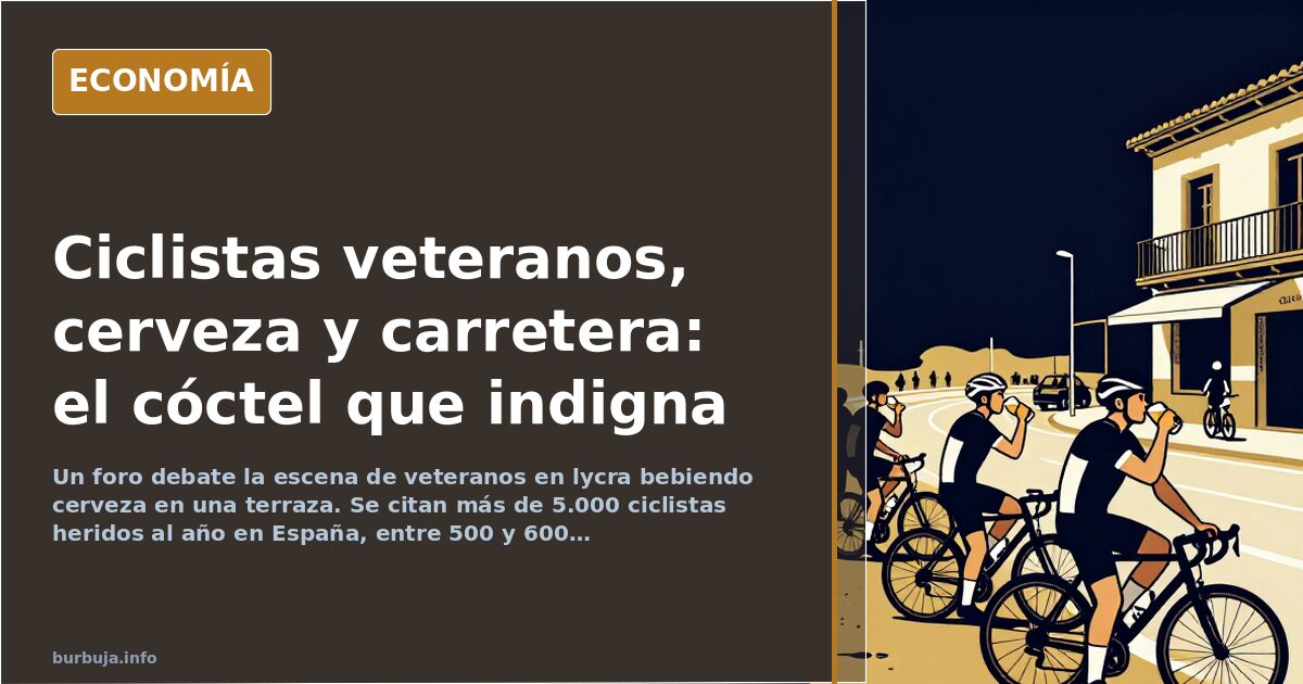 Ilustración editorial de un grupo de ciclistas veteranos con maillots y bicicletas de alta gama en una terraza, con cervezas 