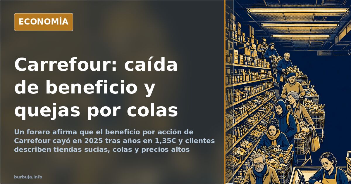 Ilustración editorial de un hipermercado Carrefour con lineales vacíos, colas en cajas y carritos abandonados en un pasillo