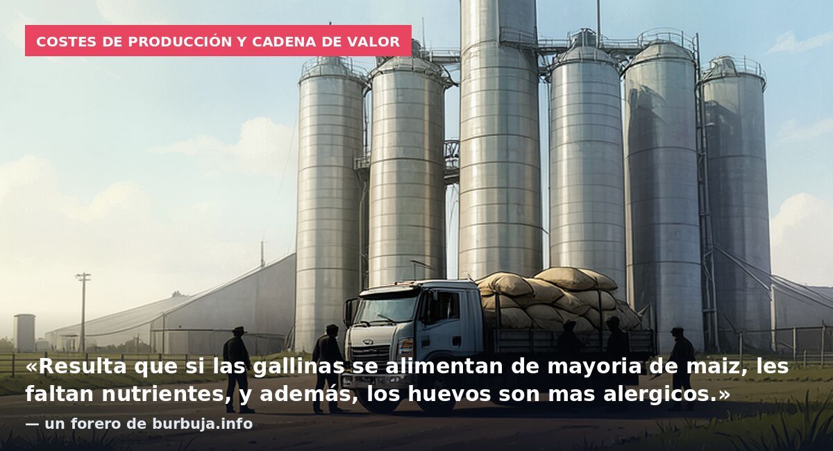 Costes de producción y cadena de valor: «Resulta que si las gallinas se alimentan de mayoria de maiz, les faltan nutrientes, y además, los huevos son mas alergicos.» — un forero de burbuja.info
