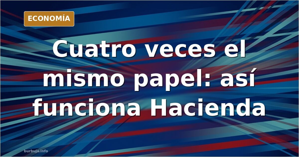 Ilustración editorial de una pila de documentos oficiales sellados sobre un escritorio vacío, con un sello de Hacienda en pri