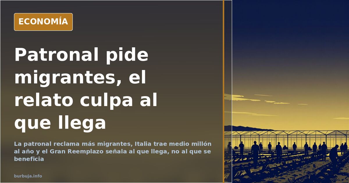 Trabajadores migrantes recogiendo fruta en un invernadero de Murcia, ilustración editorial en azul marino y dorado