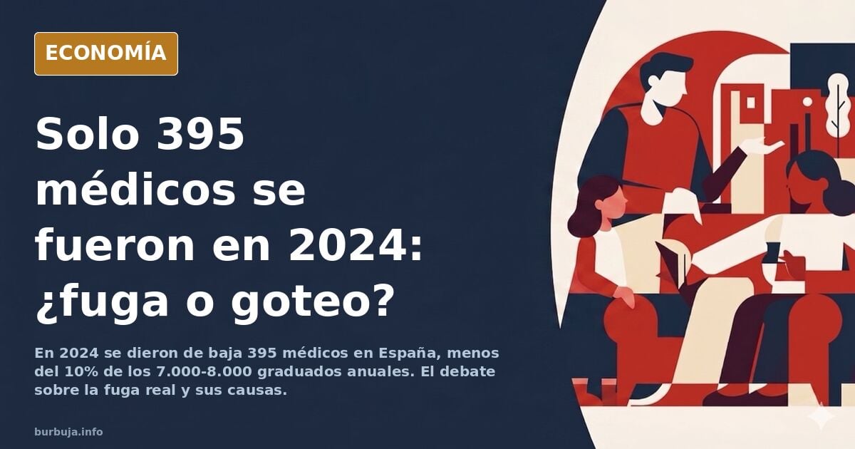 Ilustración editorial de un médico con maletín caminando hacia la salida de un hospital, con gráficos de datos sanitarios en 