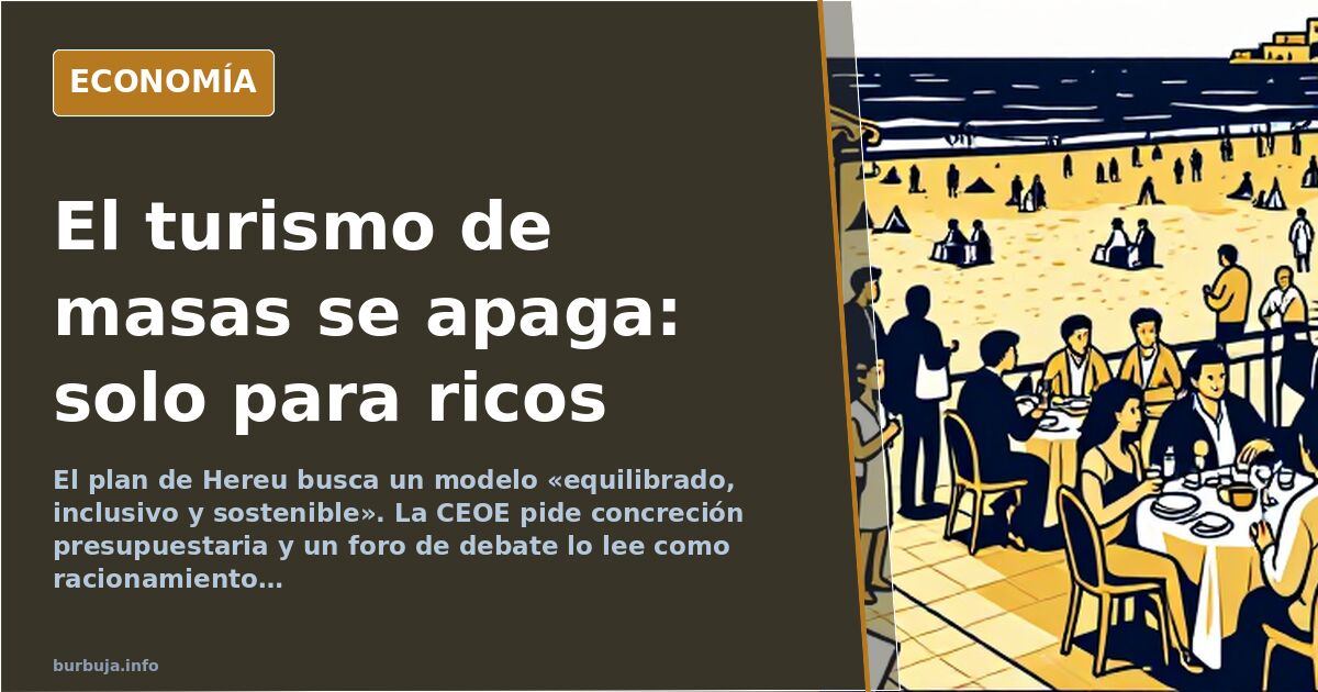 Ilustración editorial de un avión de pasajeros despegando sobre una costa mediterránea con hoteles, en tonos azul marino y do