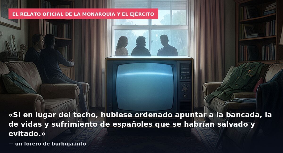 El relato oficial de la monarquía y el ejército: «Si en lugar del techo, hubiese ordenado apuntar a la bancada, la de vidas y sufrimiento de españoles que se habrían salvado y evitado.» — un forero de burbuja.info