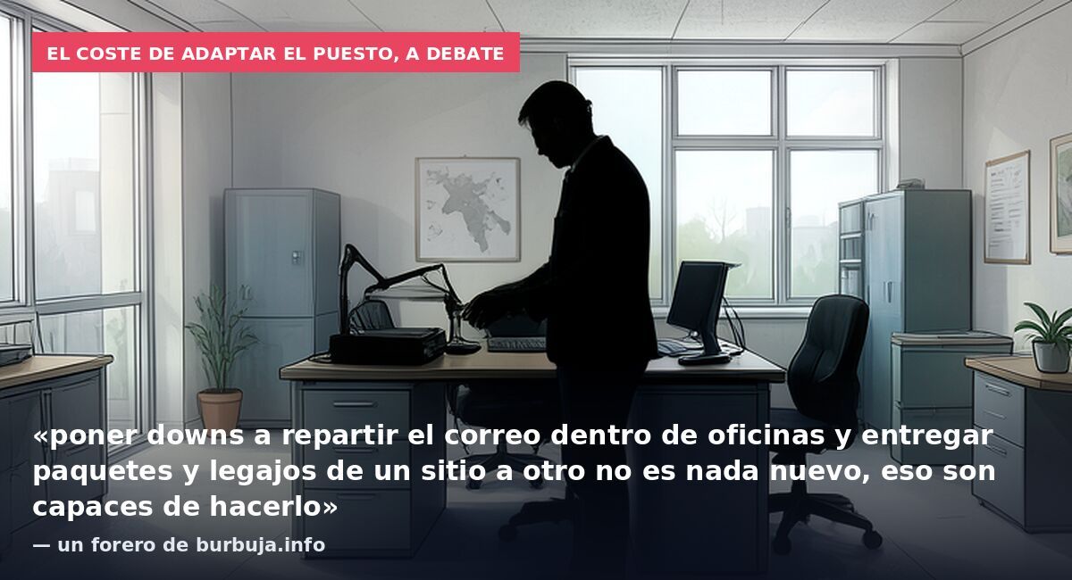 El coste de adaptar el puesto, a debate: «poner downs a repartir el correo dentro de oficinas y entregar paquetes y legajos de un sitio a otro no es nada nuevo, eso son capaces de hacerlo» — un forero de burbuja.info