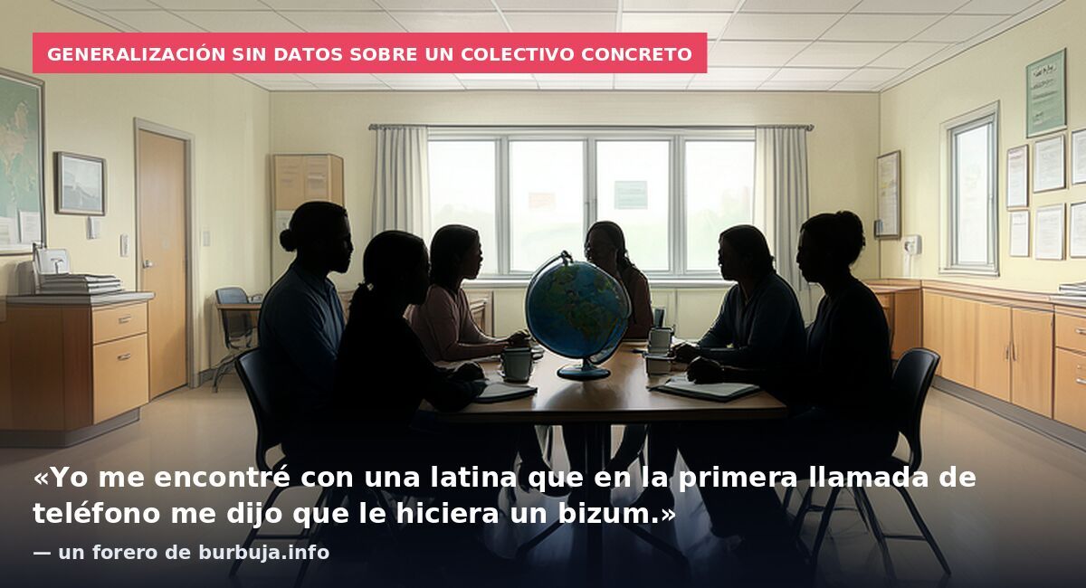 Generalización sin datos sobre un colectivo concreto: «Yo me encontré con una latina que en la primera llamada de teléfono me dijo que le hiciera un bizum.» — un forero de burbuja.info