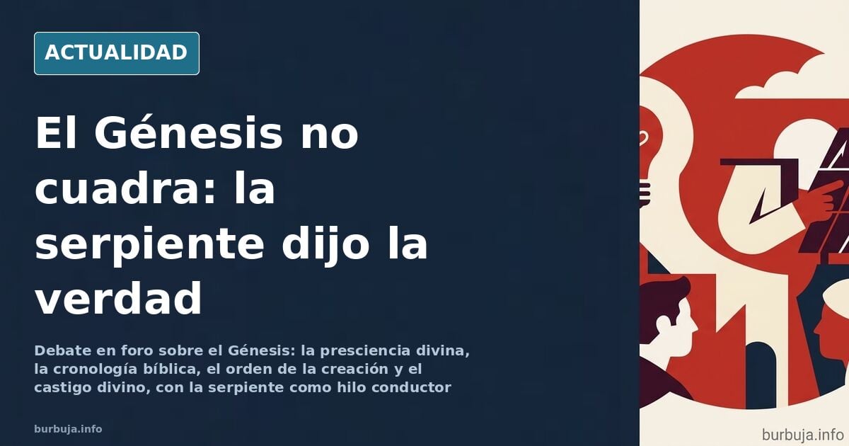 Ilustración editorial sobre el Génesis y el Dios de las religiones con una serpiente y una manzana sobre fondo neutro