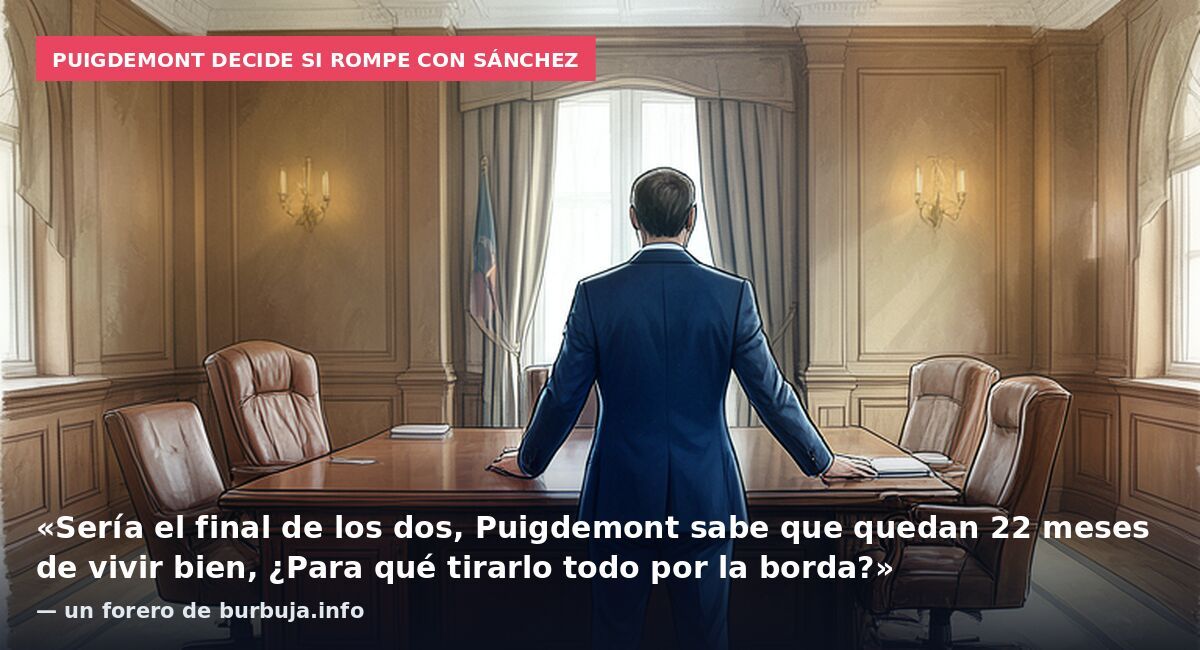 Puigdemont decide si rompe con Sánchez: «Sería el final de los dos, Puigdemont sabe que quedan 22 meses de vivir bien, ¿Para qué tirarlo todo por la borda?» — un forero de burbuja.info