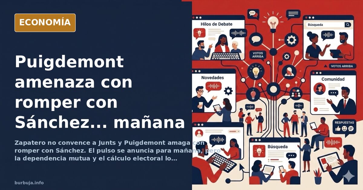 Ilustración editorial de dos figuras políticas separadas por una grieta sobre un mapa de Cataluña