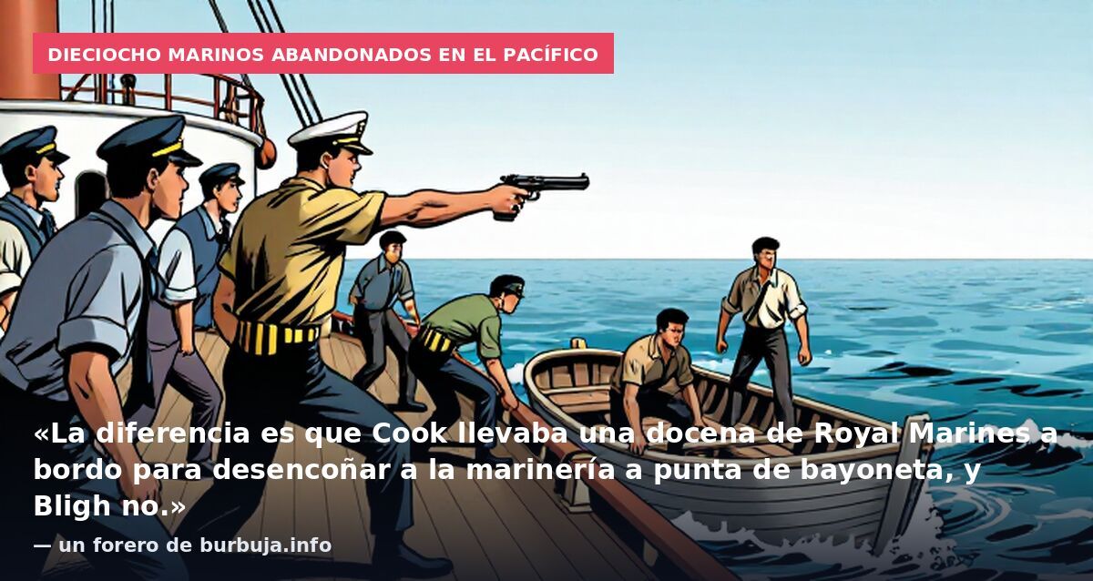 Dieciocho marinos abandonados en el Pacífico: «La diferencia es que Cook llevaba una docena de Royal Marines a bordo para desencoñar a la marinería a punta de bayoneta, y Bligh no.» — un forero de burbuja.info
