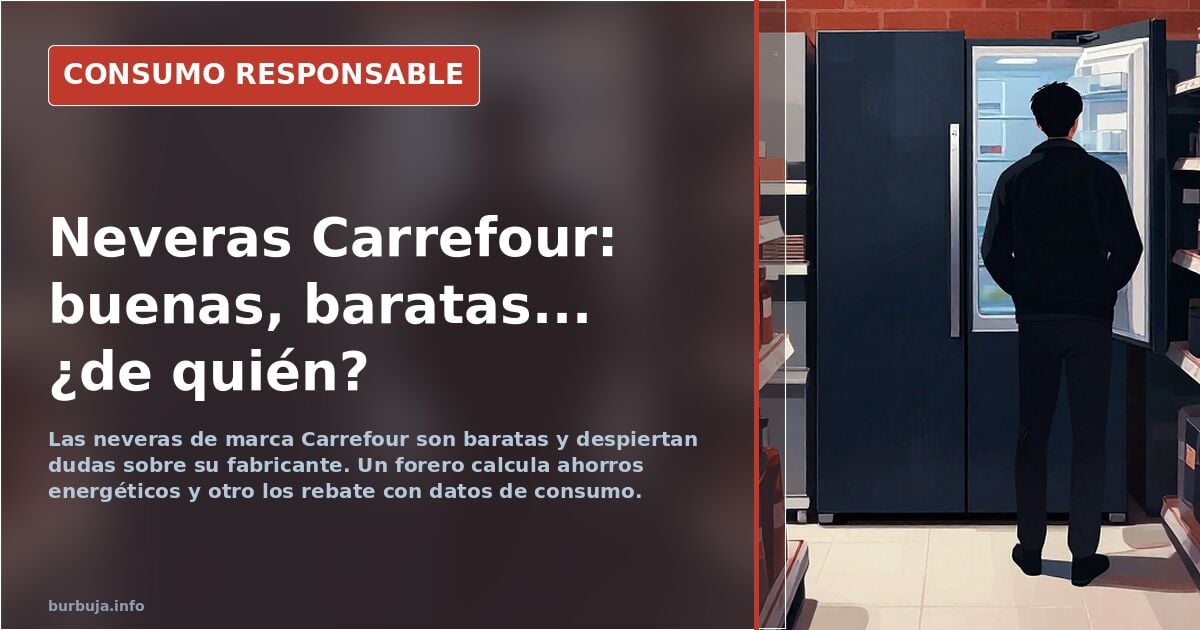 Nevera de marca blanca Carrefour expuesta en una tienda, con la etiqueta energética visible en la puerta