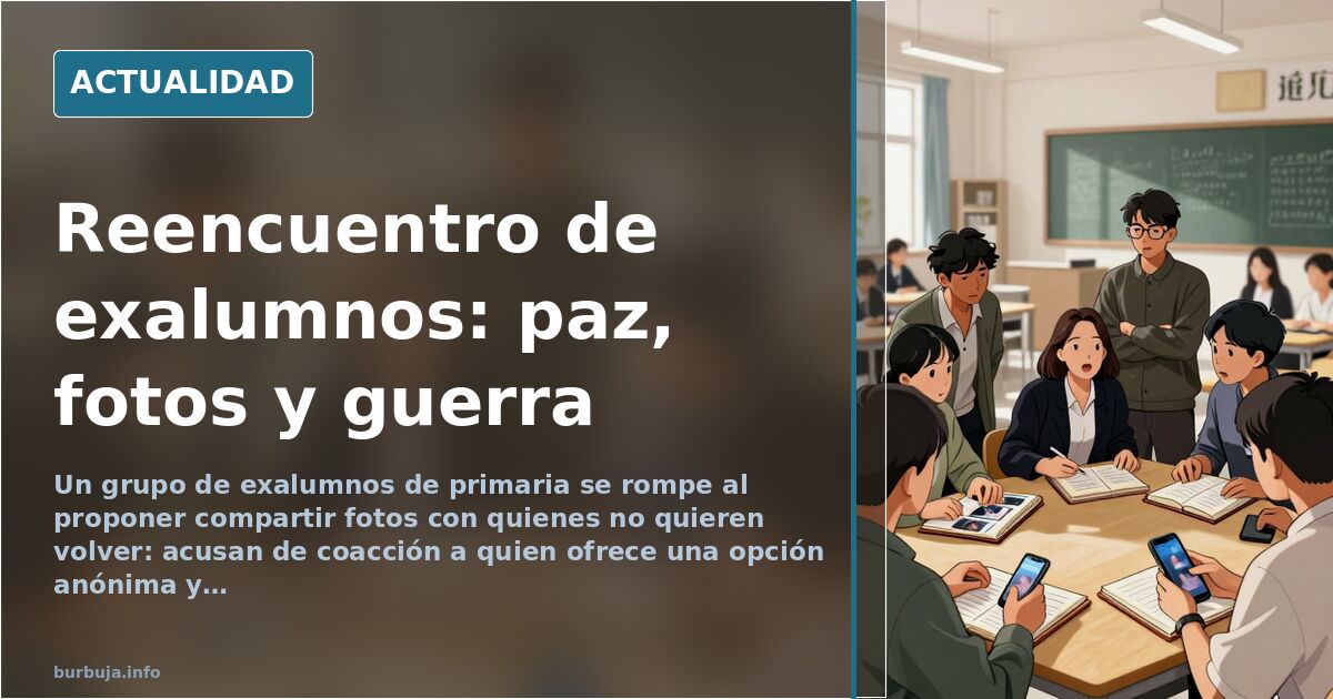 Varias personas de mediana edad mirando fotos antiguas sobre una mesa en un reencuentro de exalumnos de primaria