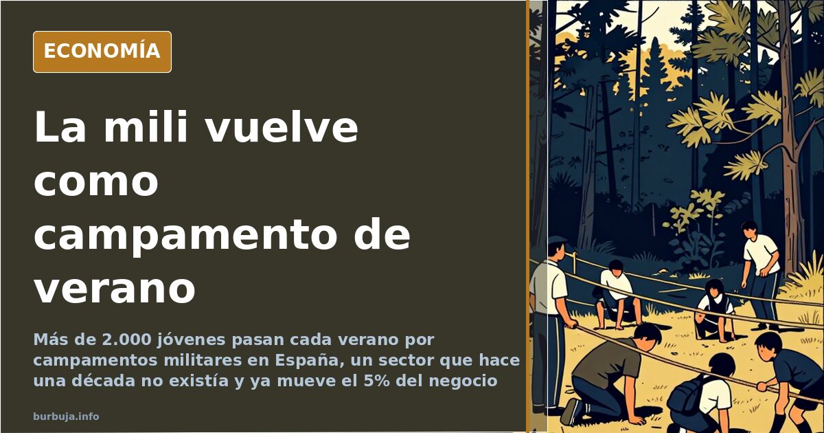 Ilustración editorial de jóvenes uniformados formados en un campamento militar de verano con bandera izada al amanecer