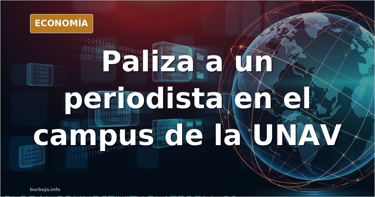 Ilustración editorial de un periodista con acreditación visible siendo rodeado por encapuchados en el campus de la Universida