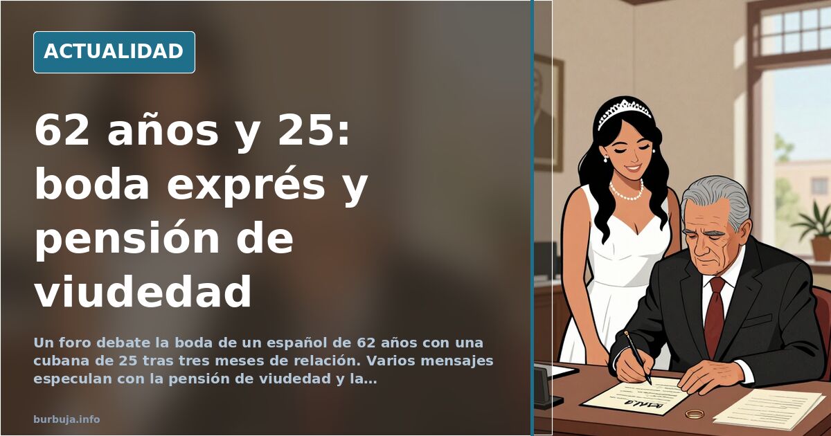 Pareja con gran diferencia de edad caminando por una calle española, imagen editorial neutra sobre matrimonio y pensión de vi