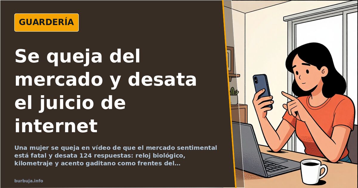 Ilustración de una mujer hablando a cámara con gesto de queja mientras una multitud de siluetas la observan y juzgan