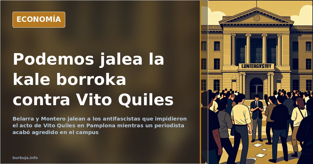 Ilustración editorial de un campus universitario con pancartas y una multitud impidiendo un acto político en Pamplona