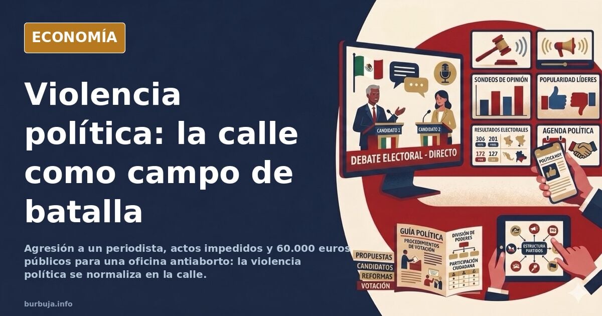 Ilustración editorial de una calle española con pancartas y tensión política, símbolo de la violencia en las calles