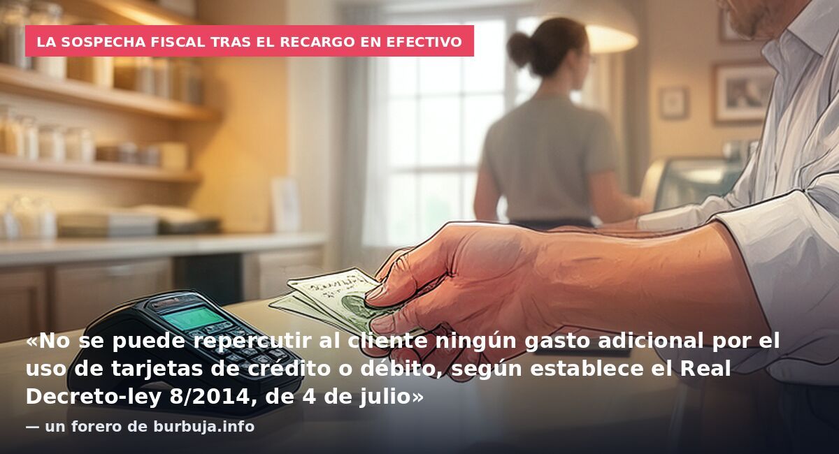 La sospecha fiscal tras el recargo en efectivo: «No se puede repercutir al cliente ningún gasto adicional por el uso de tarjetas de crédito o débito, según establece el Real Decreto-ley 8/2014, de 4 de julio» — un forero de burbuja.info