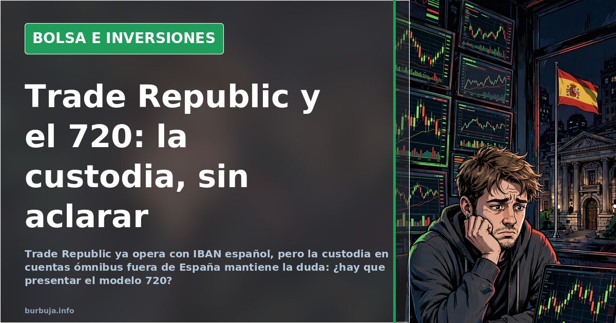 Terminal financiera con gráficos de velas en fondo oscuro, ilustrando el modelo 720 y Trade Republic
