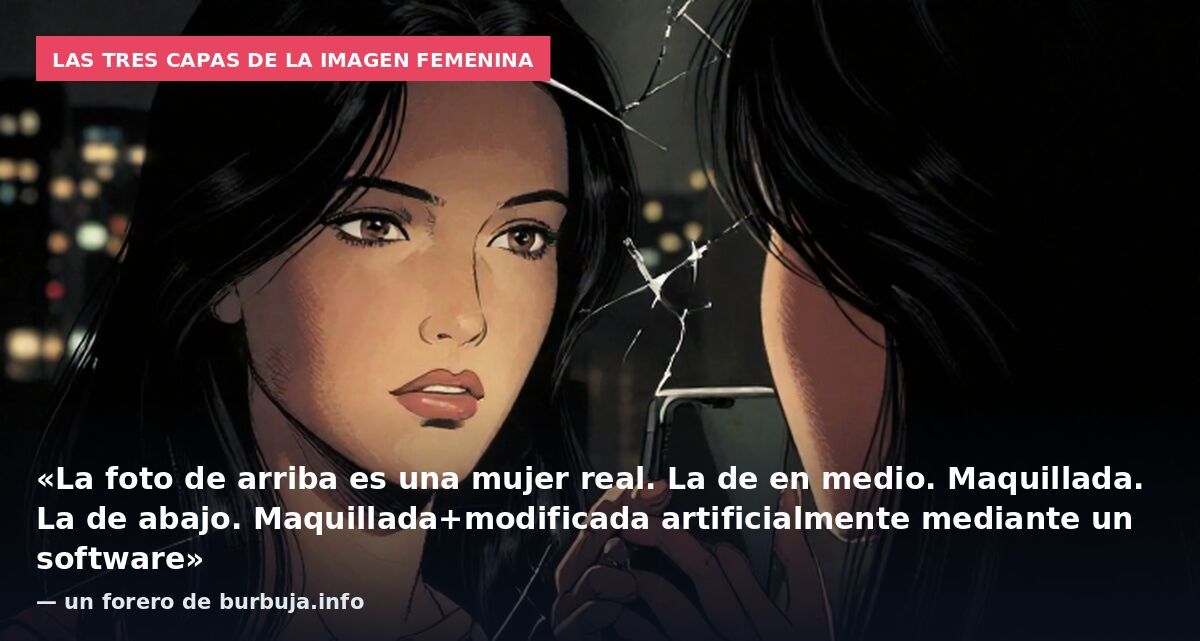 Las tres capas de la imagen femenina: «La foto de arriba es una mujer real. La de en medio. Maquillada. La de abajo. Maquillada+modificada artificialmente mediante un software» — un forero de burbuja.info