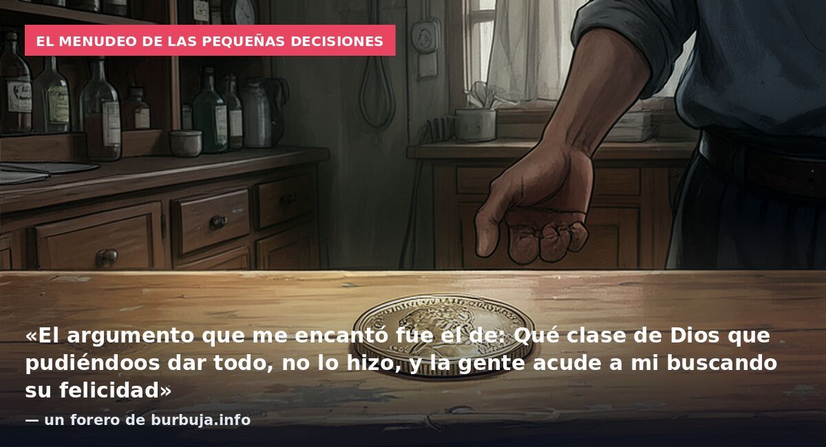 El menudeo de las pequeñas decisiones: «El argumento que me encantó fue el de: Qué clase de Dios que pudiéndoos dar todo, no lo hizo, y la gente acude a mi buscando su felicidad» — un forero de burbuja.info