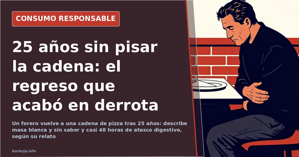 Pizza de franquicia con masa blanca y poco sabor sobre bandeja, imagen del regreso tras 25 años sin pisar el local