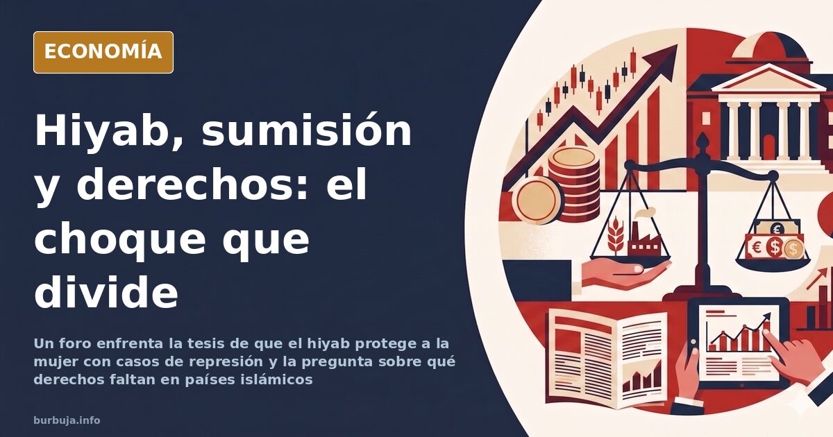 Ilustración editorial de una figura femenina con hiyab frente a una balanza desequilibrada, en azul marino y dorado