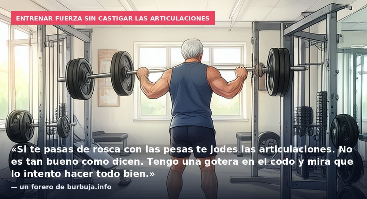 Entrenar fuerza sin castigar las articulaciones: «Si te pasas de rosca con las pesas te jodes las articulaciones. No es tan bueno como dicen. Tengo una gotera en el codo y mira que lo intento hacer todo bien.» — un forero de burbuja.info