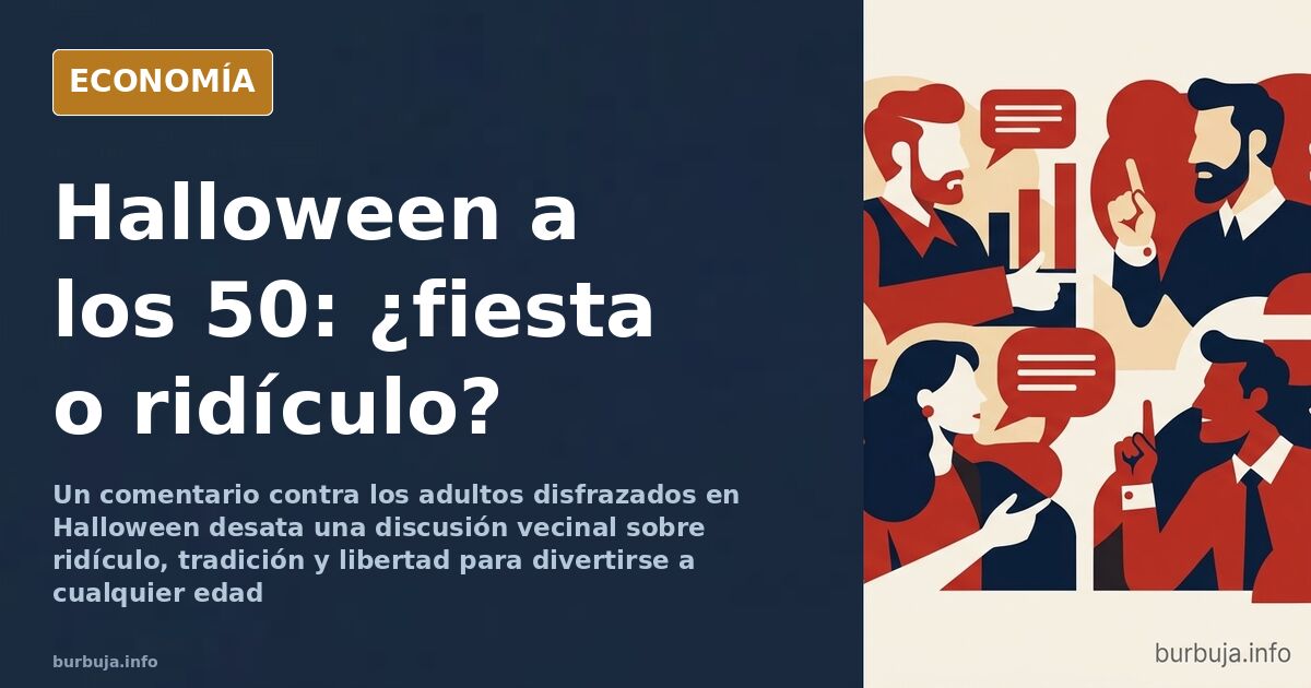 Ilustración editorial de un hombre maduro con antifaz sosteniendo una calabaza junto a vecinos en una calle nocturna