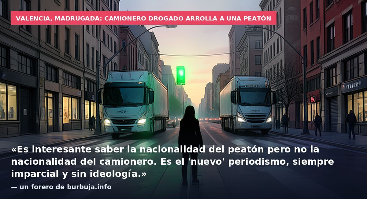 Valencia, madrugada: camionero drogado arrolla a una peatón: «Es interesante saber la nacionalidad del peatón pero no la nacionalidad del camionero. Es el 'nuevo' periodismo, siempre imparcial y sin ideología.» — un forero de burbuja.info