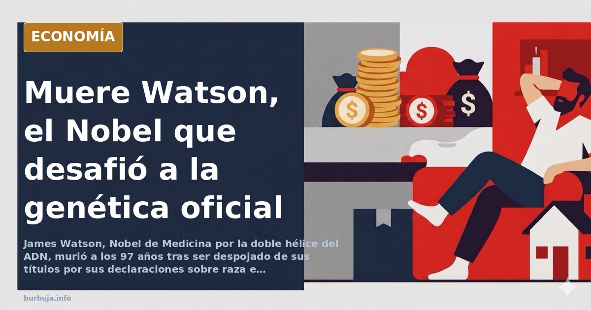 Retrato editorial de James Watson junto a un modelo de doble hélice de ADN en tonos azul marino y dorado