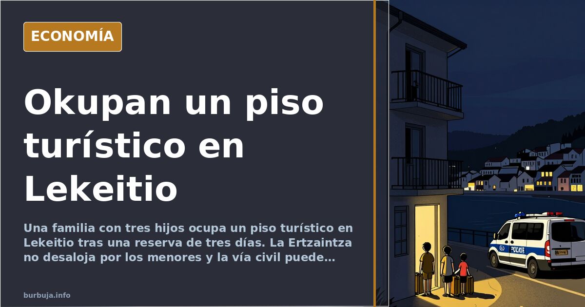 Ilustración editorial de un piso turístico ocupado en Lekeitio con una familia dentro y la puerta cerrada