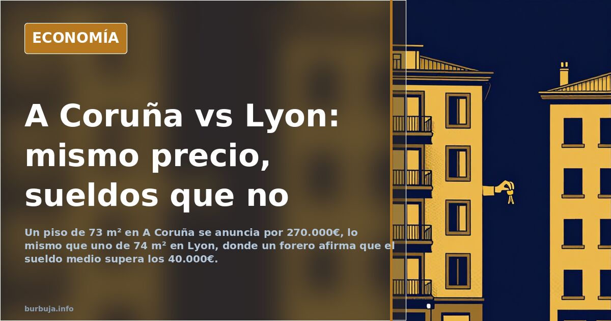 Comparación de precios de vivienda entre A Coruña y Lyon con gráfico de barras y silueta de edificios