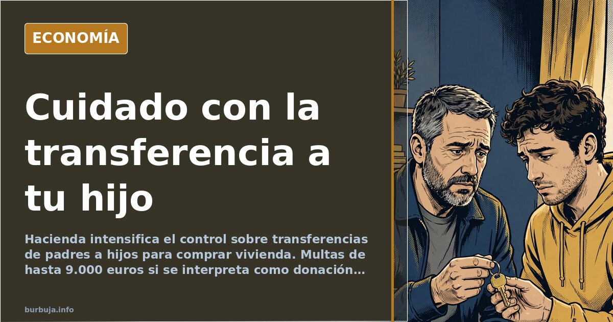 Ilustración editorial de una transferencia bancaria de padres a hijos para comprar vivienda bajo la lupa de Hacienda