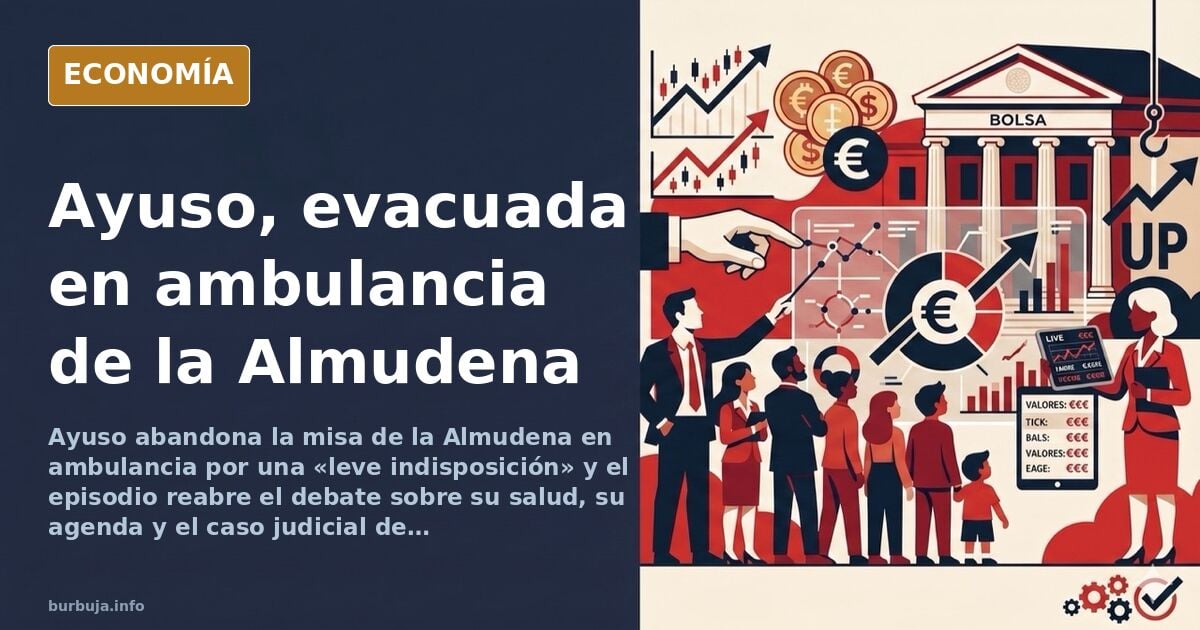 Ilustración editorial de una ambulancia frente a la catedral de la Almudena en Madrid durante la misa de la patrona