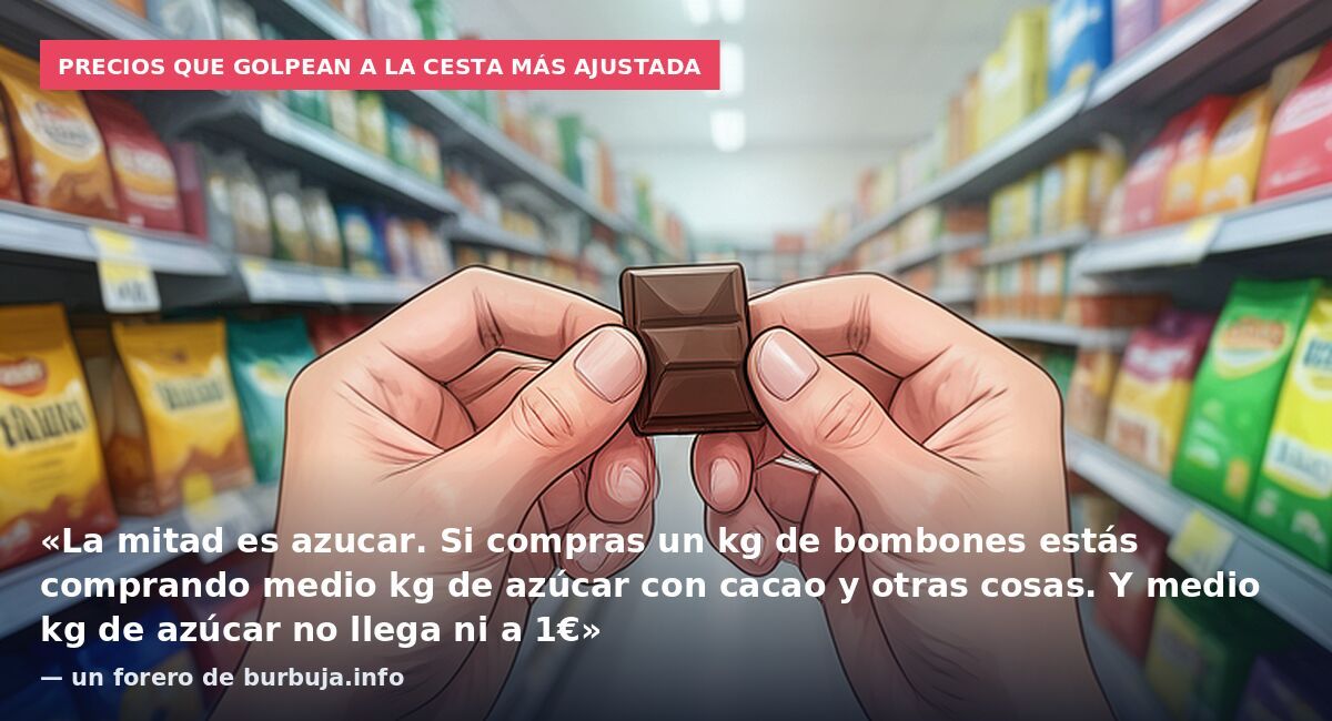Precios que golpean a la cesta más ajustada: «La mitad es azucar. Si compras un kg de bombones estás comprando medio kg de azúcar con cacao y otras cosas. Y medio kg de azúcar no llega ni a 1€» — un forero de burbuja.info
