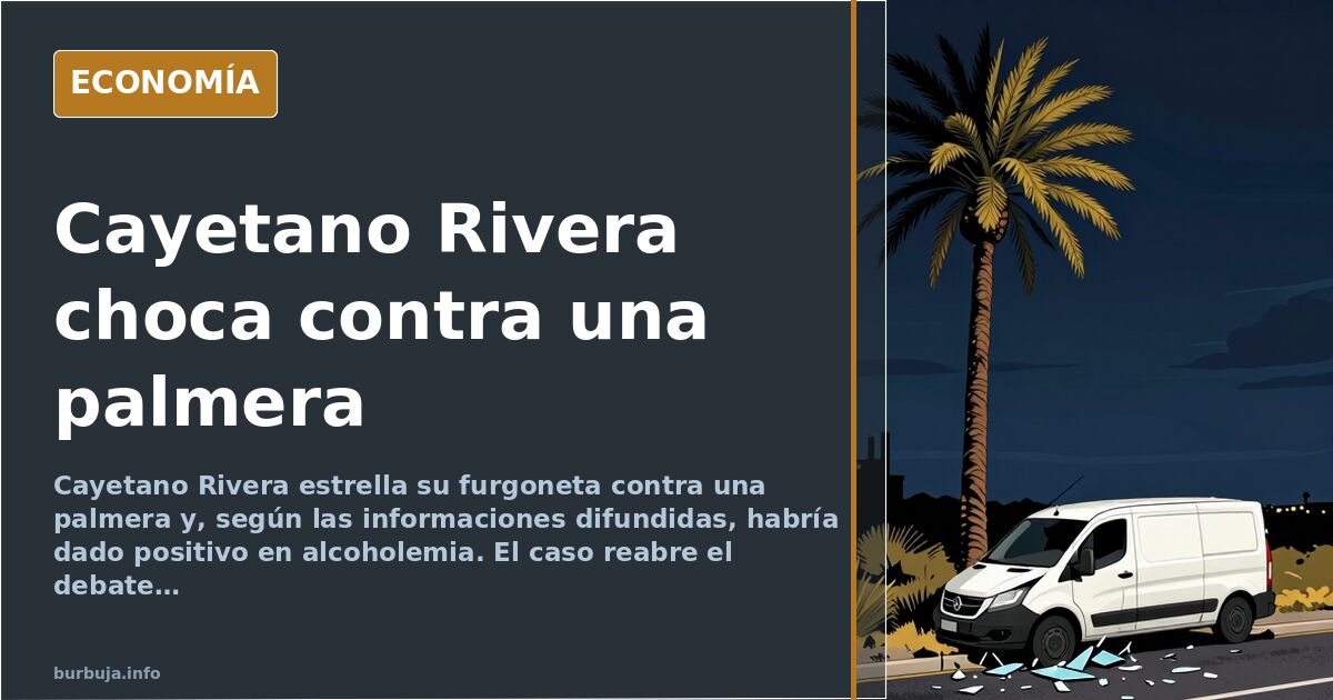 Ilustración editorial de una furgoneta siniestrada contra una palmera en una rotonda, con un torero al fondo