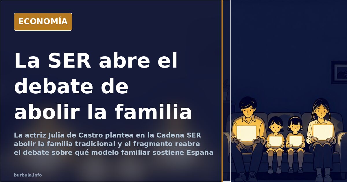 Ilustración editorial de un micrófono de radio sobre fondo azul marino con siluetas de figuras familiares difuminadas