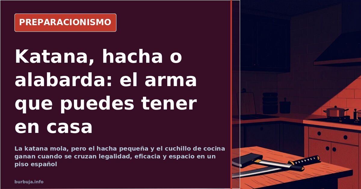 Hacha pequeña de leña sobre una mesa de madera junto a un cuchillo de cocina, símbolo del arma de defensa personal legal en E