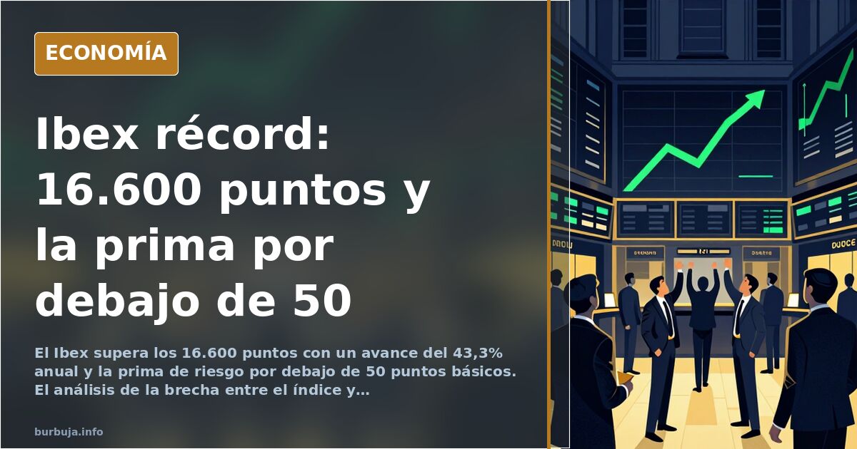Gráfico del Ibex 35 en máximos históricos con la prima de riesgo española por debajo de 50 puntos básicos