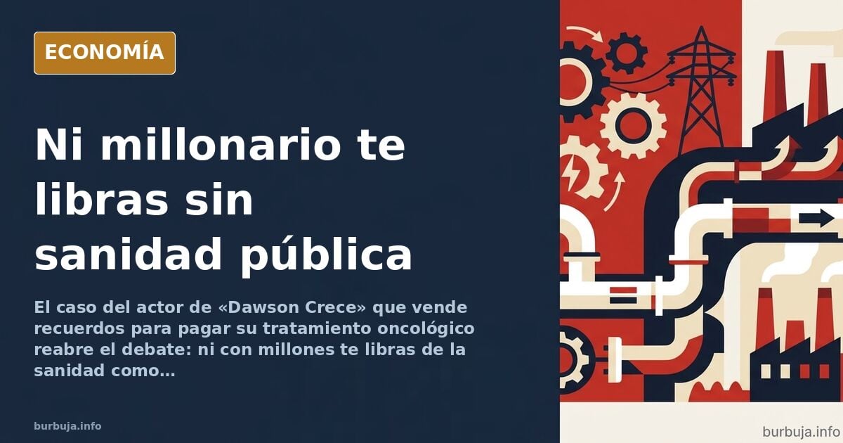 Ilustración editorial de una figura masculina rubia vendiendo objetos personales frente a una factura médica impagable, con u