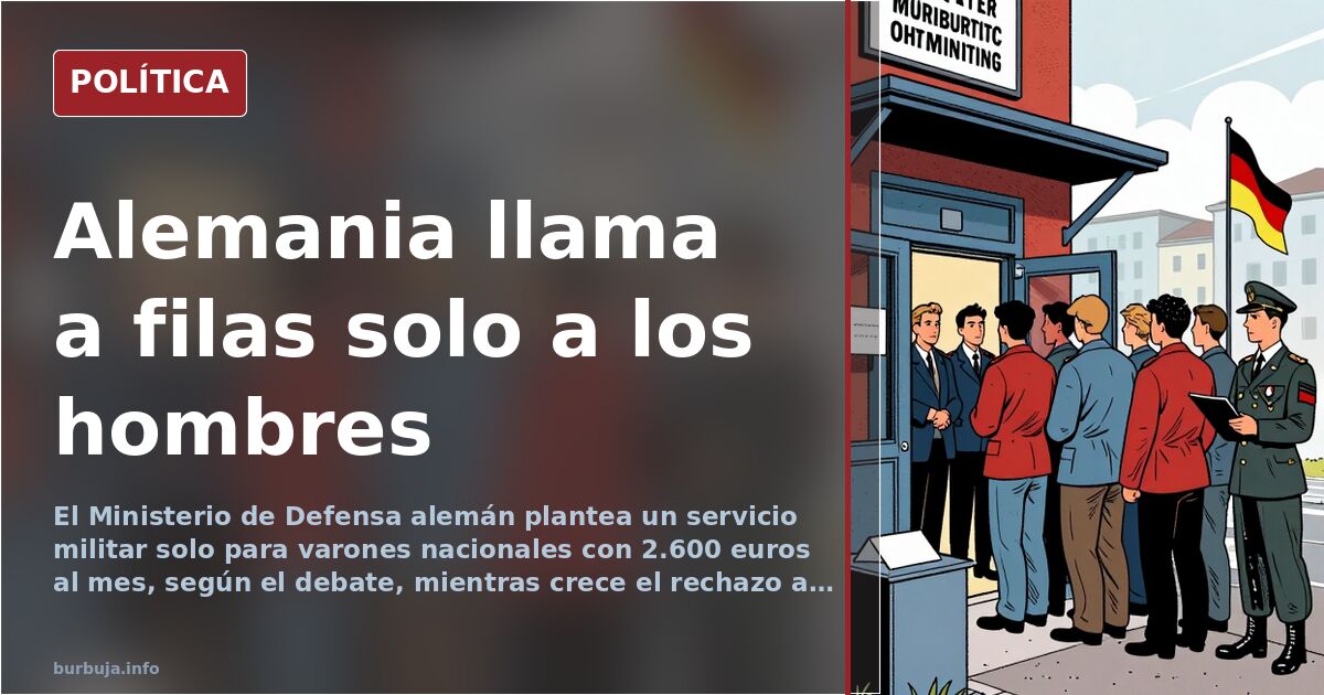Ilustración editorial de un parlamento alemán con bandera y siluetas de reclutas en fila ante un formulario de alistamiento